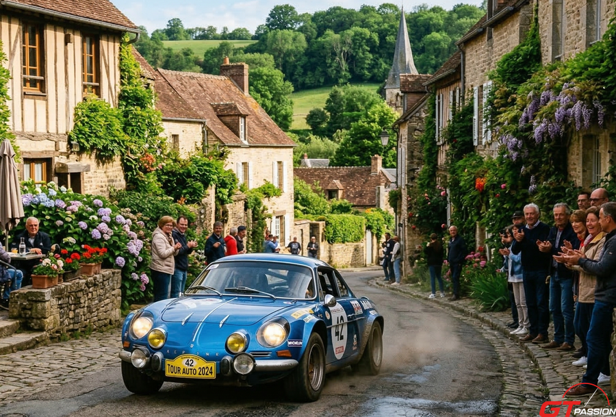 Alpine A110 traversant un village
